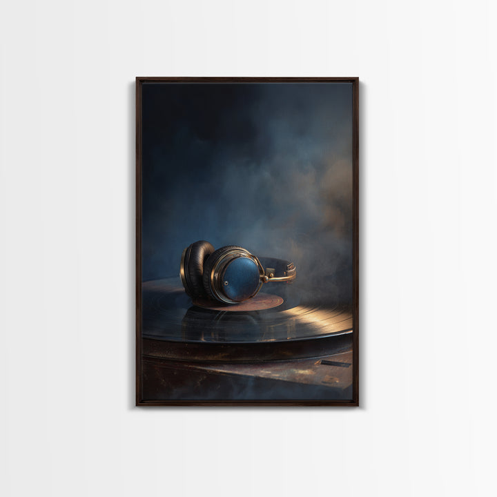 Headphones Resting on a Vinyl Record Framed Canvas Print, Recording Studio Art, Room Decor, Studio Decor, Fine Art, Analog, RSA-2x3-13