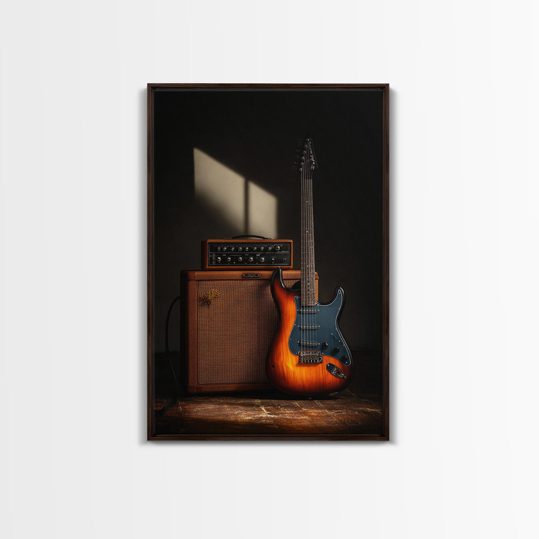 Electric Guitar Beside a Studio Amp Framed Canvas Print, Recording Studio Art, Music Art, Studio Decor, Fine Art, Analog, RSA-2x3-84