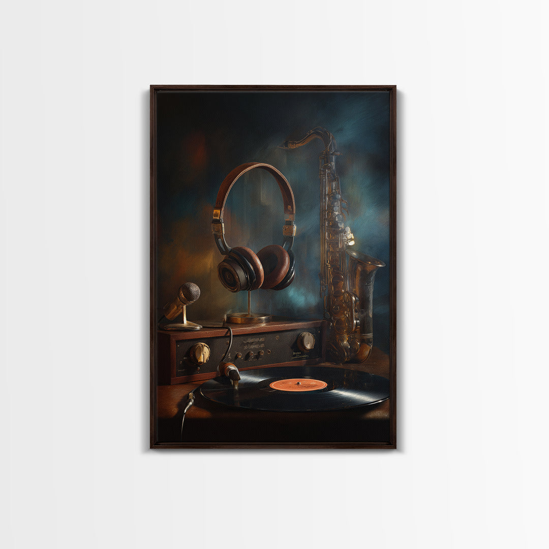 Headphones Resting on a Vinyl Record Framed Canvas Print, Recording Studio Art, Wall Sculpture, Studio Decor, Fine Art, Analog, RSA-2x3-85