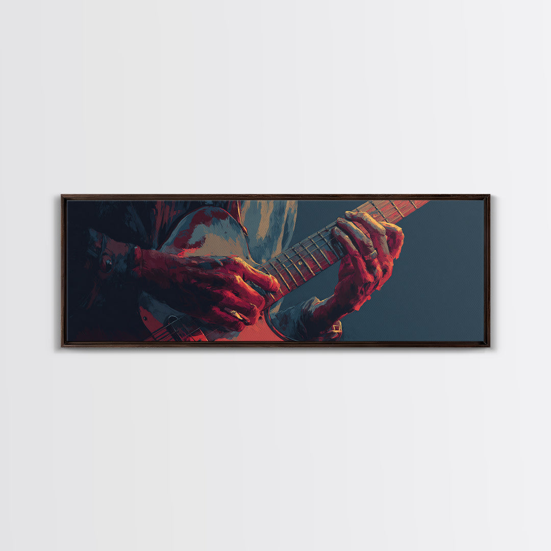Musician Hands on Guitar Strings Framed Canvas Print, Recording Studio Art, Wall Sculpture, Studio Decor, Oil Painting, Analog, RSA-3x1-79