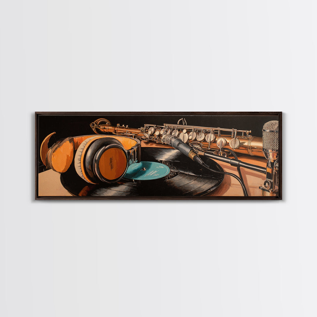 Headphones Resting on a Vinyl Record Canvas Print, Recording Studio Art, Musician Posters, Studio Decor, Fine Art, Analog, RSA-3x1-93