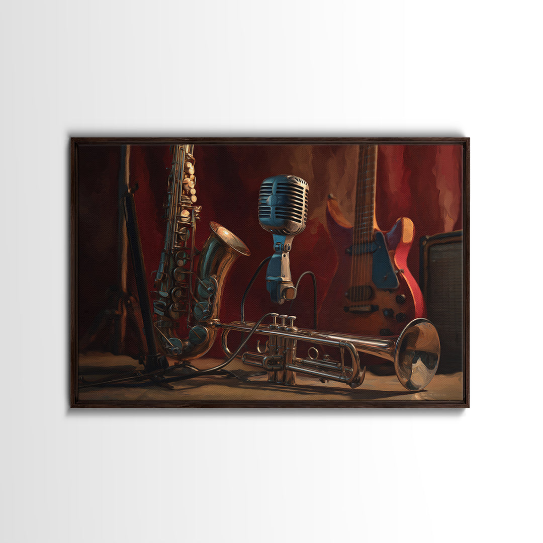 Jazz Trumpet and Microphone Still Life Canvas Print, Recording Studio Art, Music Poster, Studio Decor, Fine Art, Analog, RSA-3x2-11