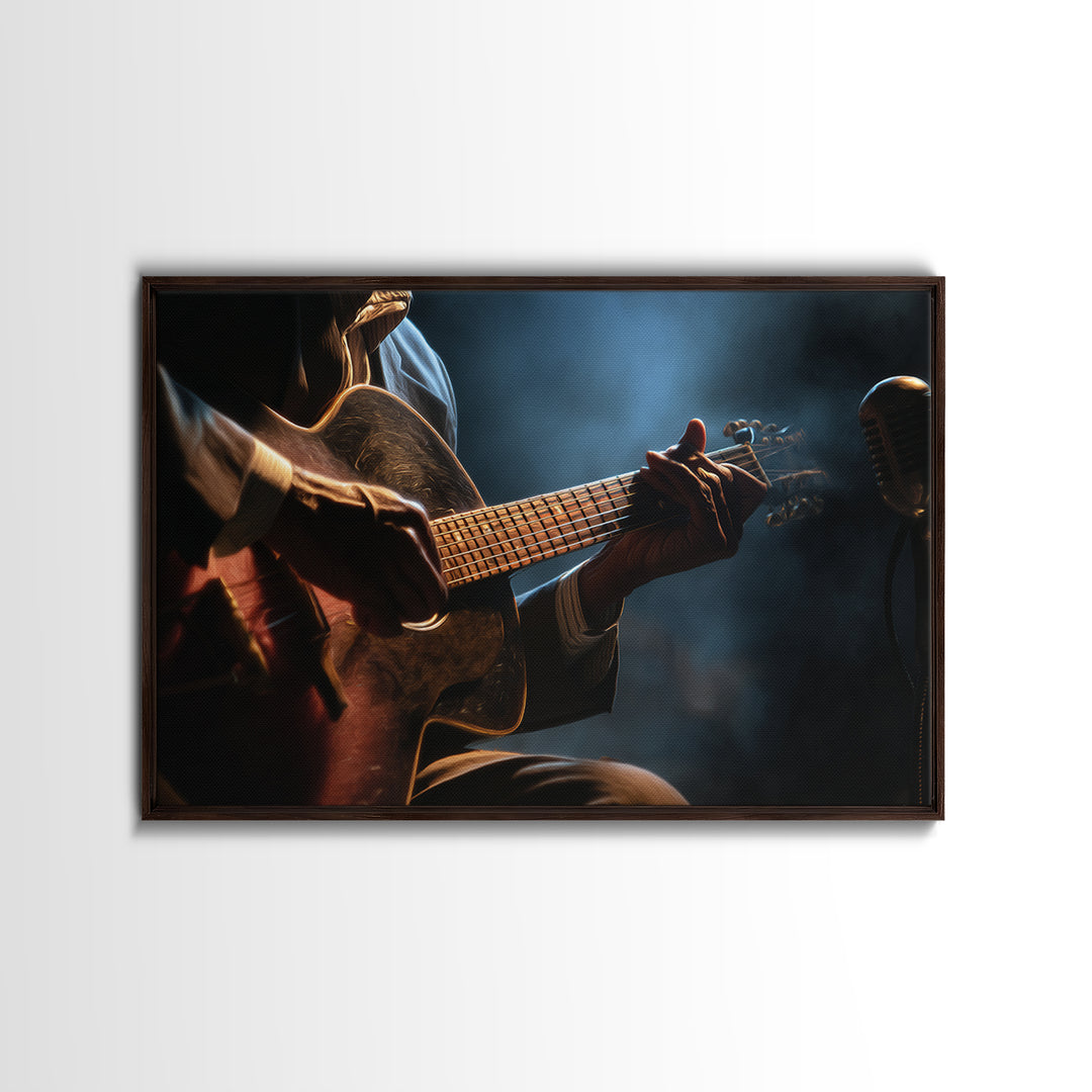 Musician Hands on Guitar Strings Framed Canvas Print, Recording Studio Art, Digital Download Art, Studio Decor, Analog, RSA-3x2-19