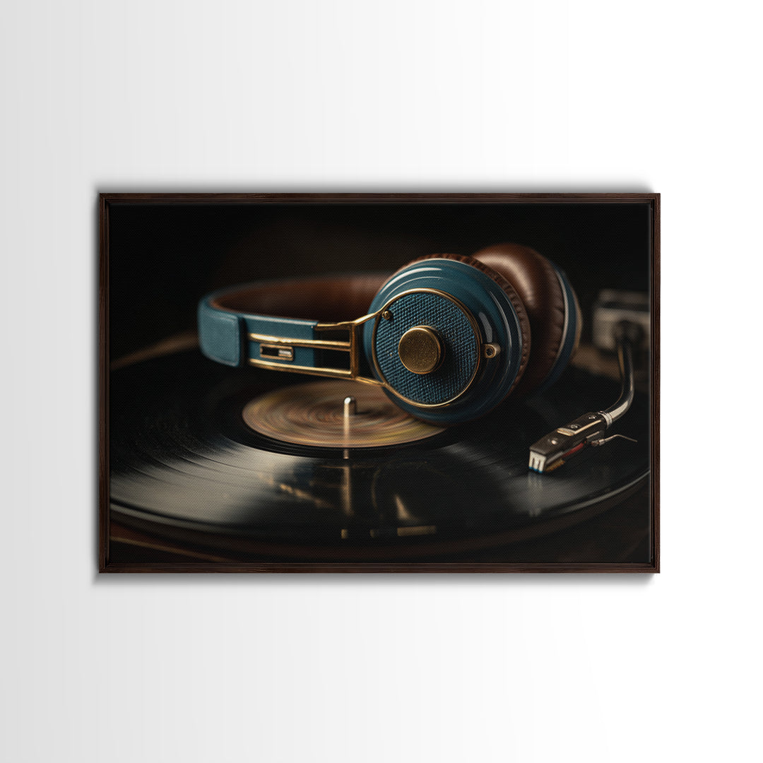 Headphones Resting on a Vinyl Record Canvas Print, Recording Studio Art, Music Posters, Studio Decor, Fine Art, Analog, RSA-3x2-57