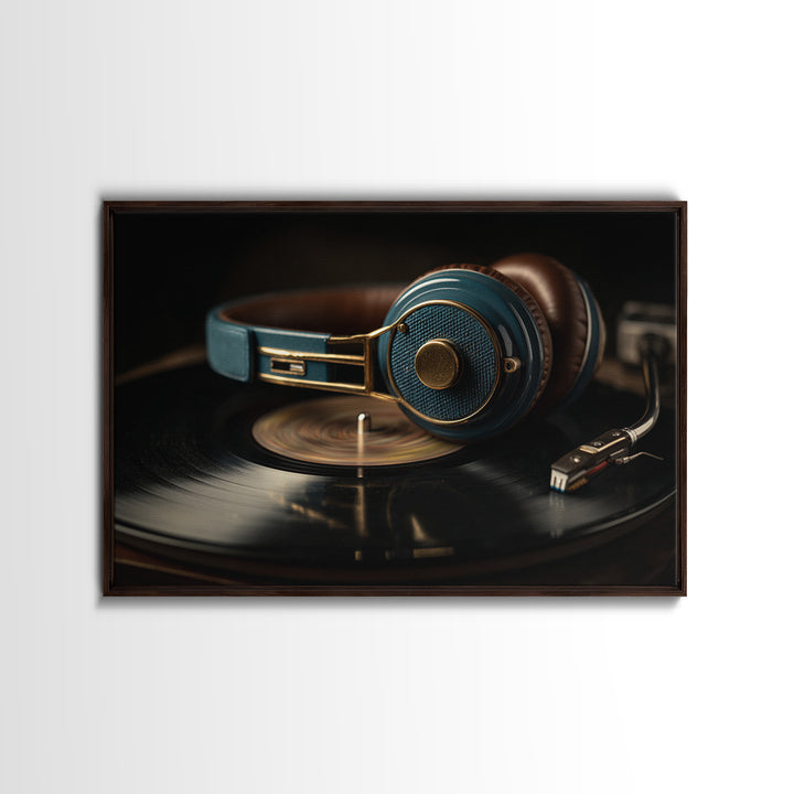 Headphones Resting on a Vinyl Record Canvas Print, Recording Studio Art, Music Posters, Studio Decor, Fine Art, Analog, RSA-3x2-57