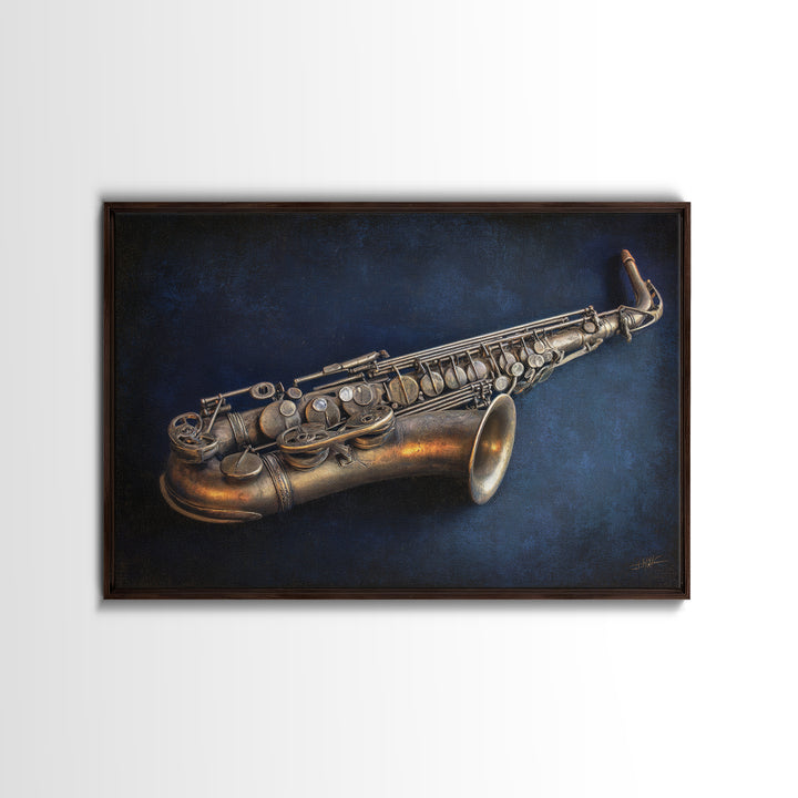 Brass Saxophone on Dark Velvet Canvas Print, Recording Studio Art, Headphones Poster, Studio Decor, Fine Art, Analog, RSA-3x2-68