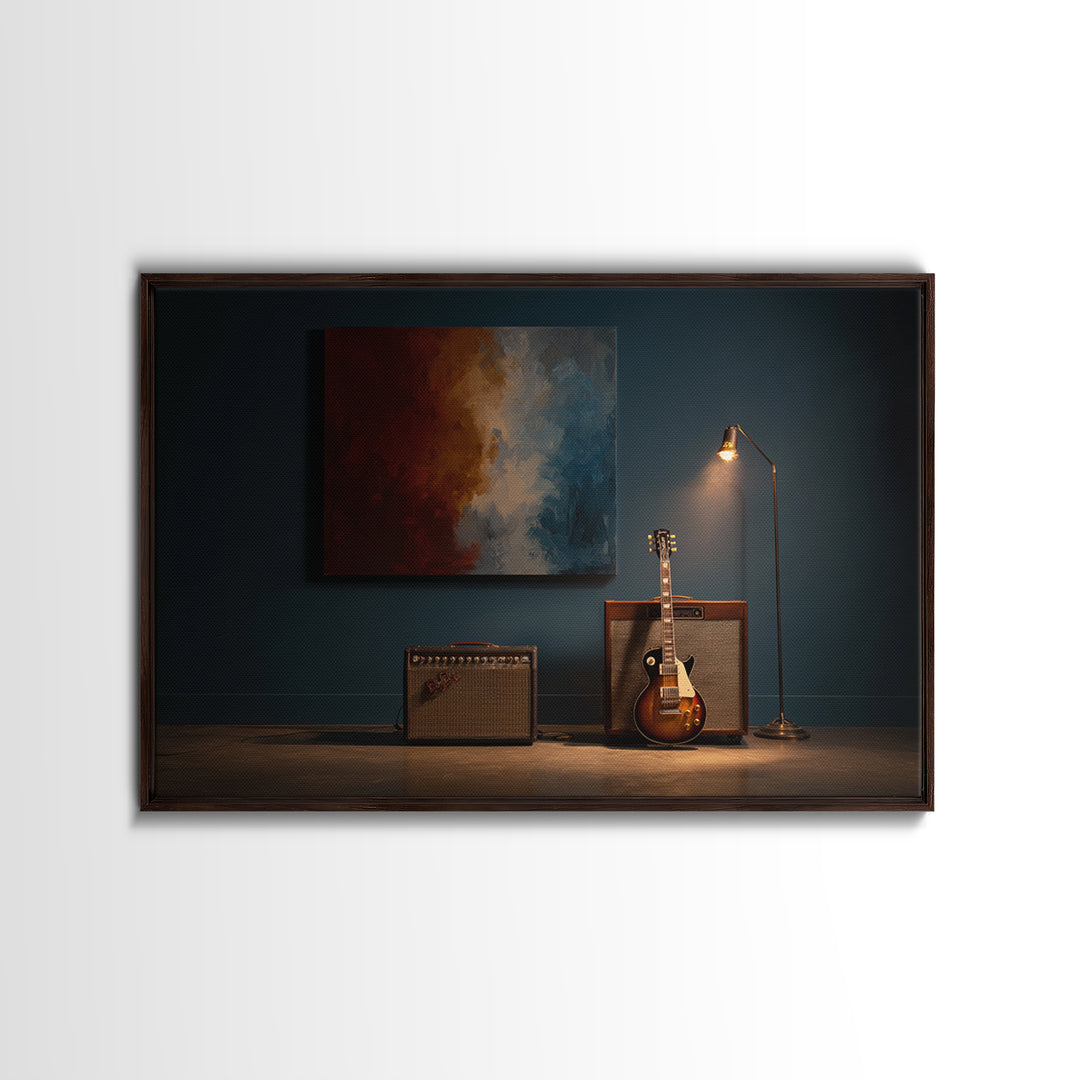 Electric Guitar Beside a Studio Amp Framed Canvas Print, Recording Studio Art, Studio Decor, Oil Painting, Analog, RSA-3x2-8
