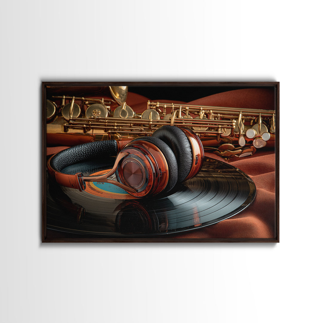 Headphones Resting on a Vinyl Record Framed Canvas Print, Recording Studio Art, Music Decor, Studio Decor, Fine Art, Analog, RSA-3x2-81