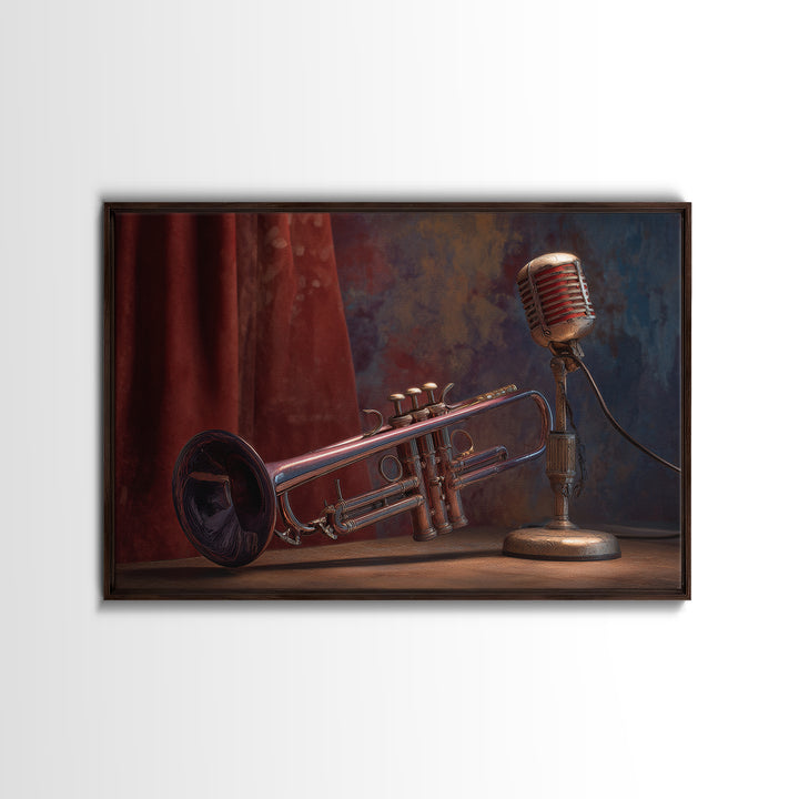 Jazz Trumpet and Microphone Still Life Canvas Print, Recording Studio Art, Neutral Decor, Studio Decor, Fine Art, Analog, RSA-3x2-83