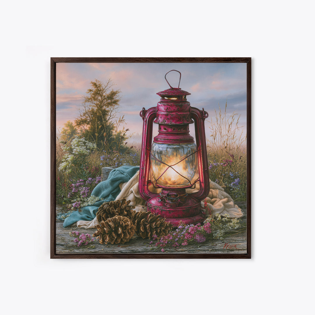 Rustic Lantern Glowing Beside Pinecones Framed Canvas Print, Rustic Art, Gallery Wall Set, Farmhouse Decor, Watercolor Art, RUS-1x1-100