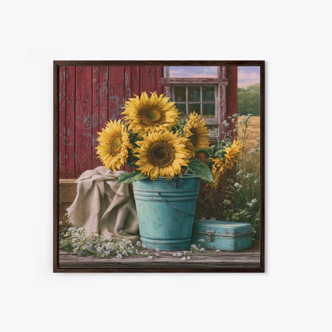 Sunflowers in a Metal Bucket Framed Canvas Print, Rustic Art, Painting, Farmhouse Decor, Oil Painting, Rustic, Boho Wall Art, RUS-1x1-12