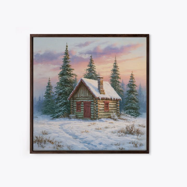 Log Cabin with Snowy Pines Canvas Print, Rustic Art, Farmhouse Decor, Oil Painting, Rustic, Gallery Wall Art, RUS-1x1-15