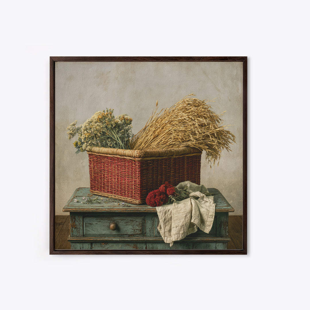 Handwoven Basket with Dried Grasses Framed Canvas Print, Rustic Art, Farmhouse Wall Art, Farmhouse Decor, Watercolor Art, RUS-1x1-24