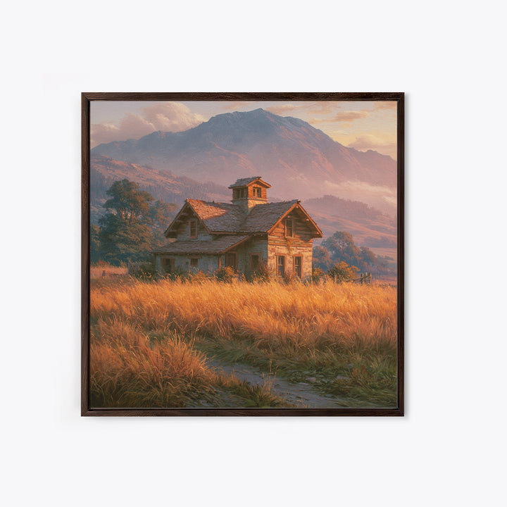 Mountain Cabin Landscape Framed Canvas Print, Rustic Art, Boho Wall Art, Farmhouse Decor, Oil Painting, Rustic, RUS-1x1-27