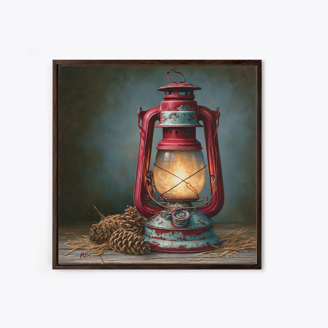 Rustic Lantern Glowing Beside Pinecones Framed Canvas Print, Rustic Art, Farmhouse Decor, Oil Painting, Rustic, RUS-1x1-28