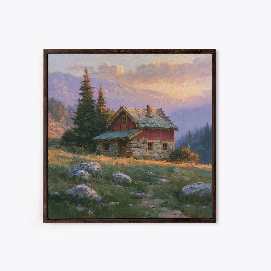 Mountain Cabin Landscape Canvas Print, Rustic Art, Wood Wall Art, Farmhouse Decor, Fine Art, Rustic, Eclectic Wall Art, RUS-1x1-3