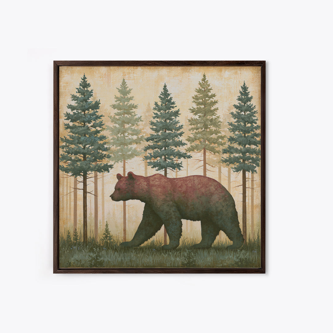 Bear Silhouette Among Pine Trees Canvas Print, Rustic Art, 3d Wall Art, Farmhouse Decor, Fine Art, Rustic, Living Room Art, RUS-1x1-31