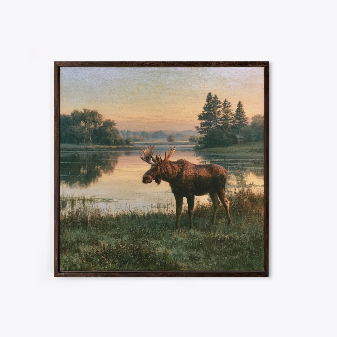 Moose Standing by a Quiet Lake Framed Canvas Print, Rustic Art, Fine Art Print, Farmhouse Decor, Fine Art, Rustic, Painting, RUS-1x1-33
