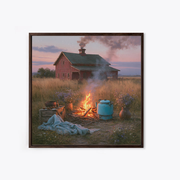 Campfire under a Starry Sky Framed Canvas Print, Rustic Art, Landscape Wall Art, Farmhouse Decor, Watercolor Art, Rustic, RUS-1x1-34