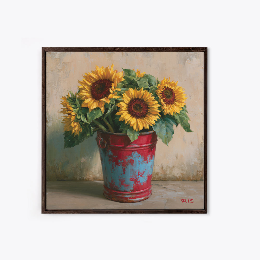 Sunflowers in a Metal Bucket Canvas Print, Rustic Art, Farmhouse Decor, Watercolor Art, Rustic, Landscape Painting, RUS-1x1-36