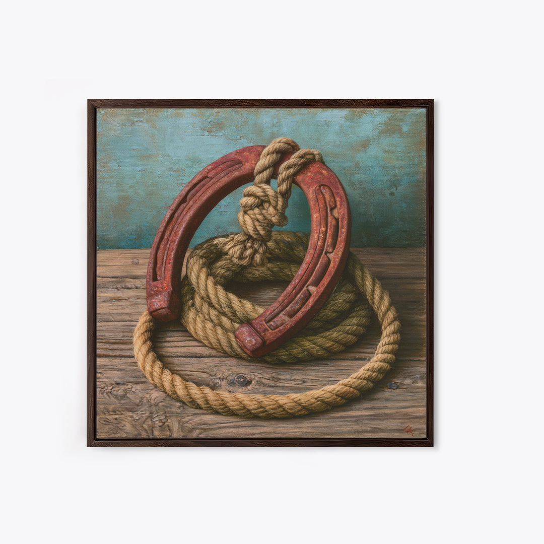 Rusty Horseshoe and Rope Composition Framed Canvas Print, Rustic Art, Gallery Wall Set, Farmhouse Decor, Oil Painting, Rustic, RUS-1x1-37