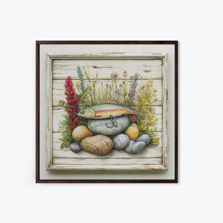 Trout Fishing Lure and River Stones Framed Canvas Print, Rustic Art, Landscape Art, Farmhouse Decor, Fine Art, Rustic, RUS-1x1-38