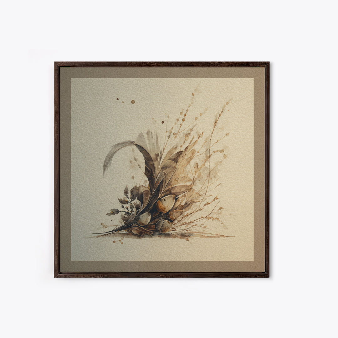 Pheasant Feathers and Acorns Arrangement Framed Canvas Print, Rustic Art, Luxury Decor, Farmhouse Decor, Fine Art, Rustic, RUS-1x1-40
