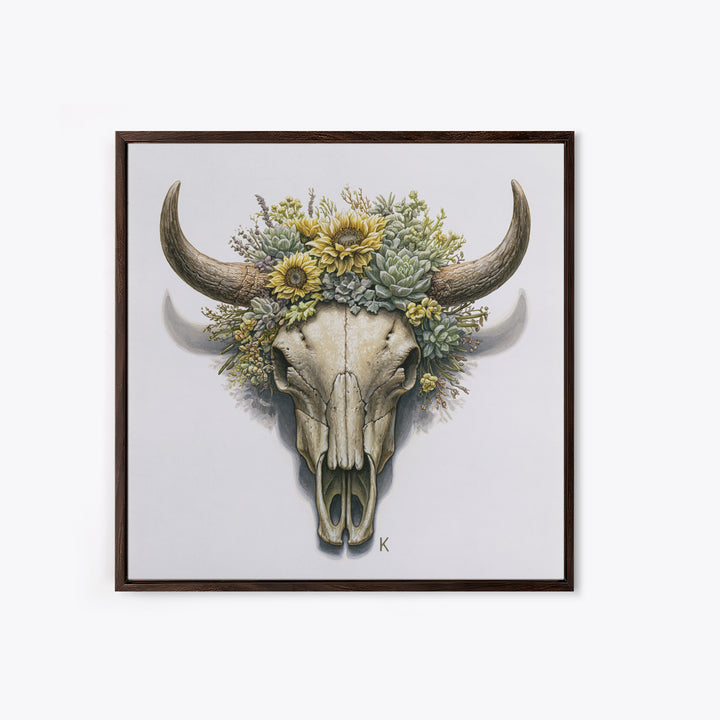 Cow Skull with Desert Flowers Framed Canvas Print, Rustic Art, Gallery Decor, Farmhouse Decor, Oil Painting, Rustic, RUS-1x1-41