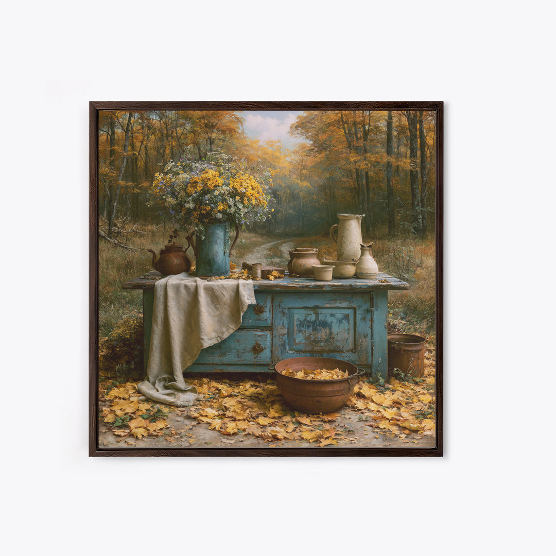 Forest Path with Golden Autumn Leaves Framed Canvas Print, Rustic Art, Eclectic Wall Art, Farmhouse Decor, Fine Art, Rustic, RUS-1x1-42