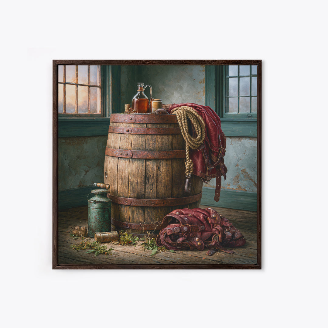 Whiskey Barrel and Leather Still Life Framed Canvas Print, Rustic Art, Wood Art, Farmhouse Decor, Oil Painting, Rustic, RUS-1x1-43