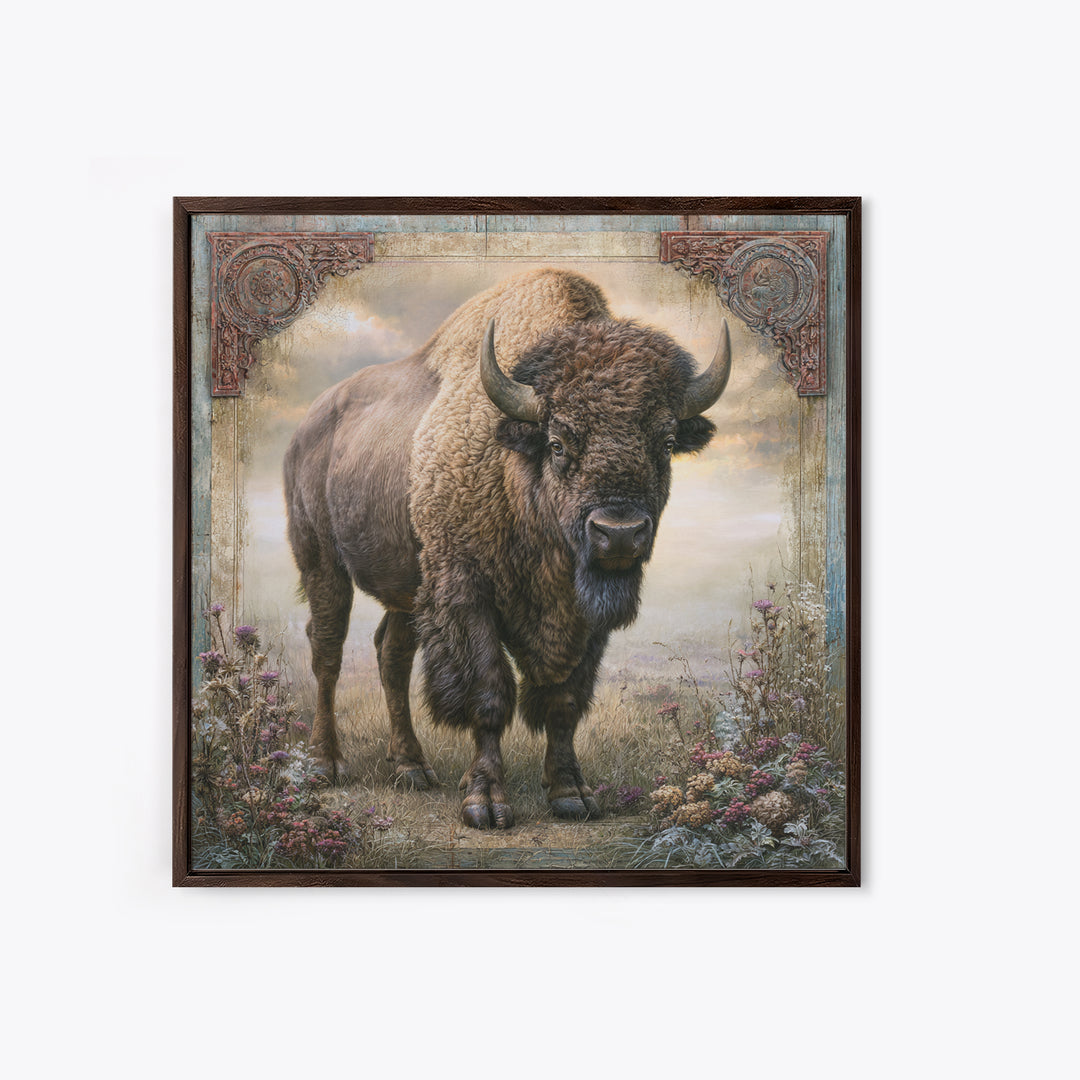 Buffalo Portrait with Western Texture Framed Canvas Print, Rustic Art, Farmhouse Wall Art, Farmhouse Decor, Fine Art, Rustic, RUS-1x1-46