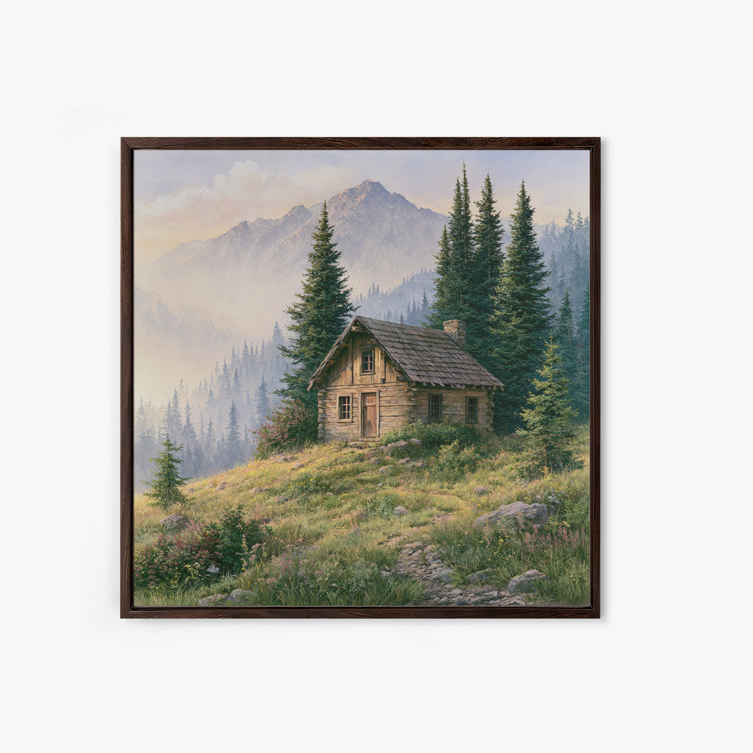 Mountain Cabin Landscape Framed Canvas Print, Rustic Art, Landscape Art, Farmhouse Decor, Fine Art, Rustic, Room Decor, RUS-1x1-51