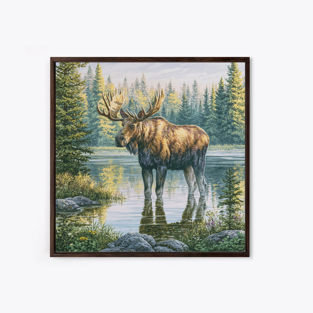 Moose Standing by a Quiet Lake Framed Canvas Print, Rustic Art, Fine Art Print, Farmhouse Decor, Fine Art, Rustic, Painting, RUS-1x1-57
