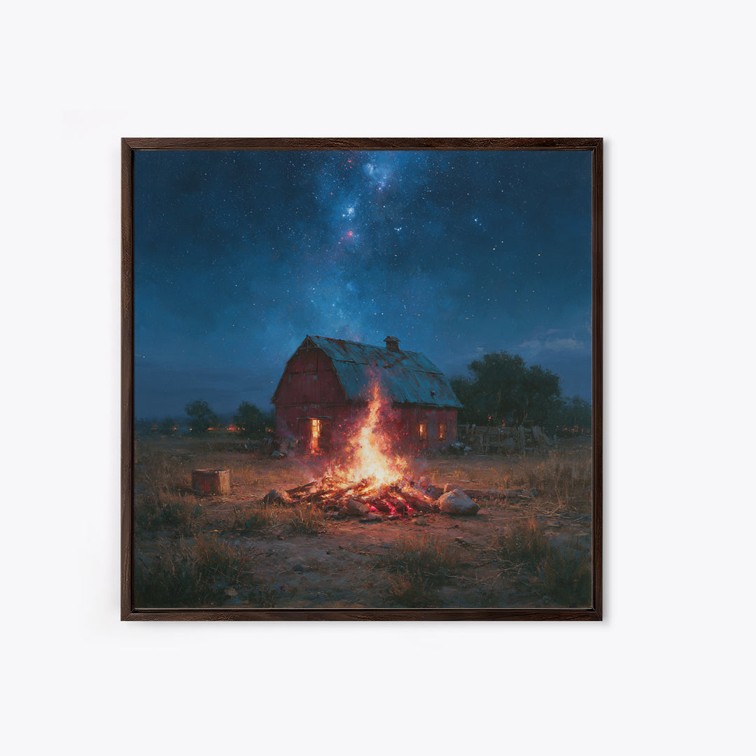 Campfire under a Starry Sky Framed Canvas Print, Rustic Art, Landscape Wall Art, Farmhouse Decor, Watercolor Art, Rustic, RUS-1x1-58