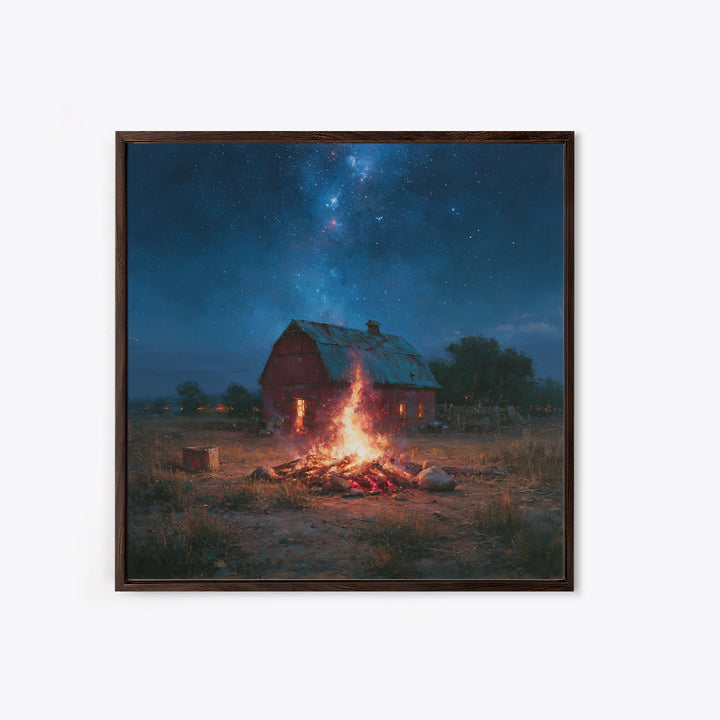 Campfire under a Starry Sky Framed Canvas Print, Rustic Art, Landscape Wall Art, Farmhouse Decor, Watercolor Art, Rustic, RUS-1x1-58