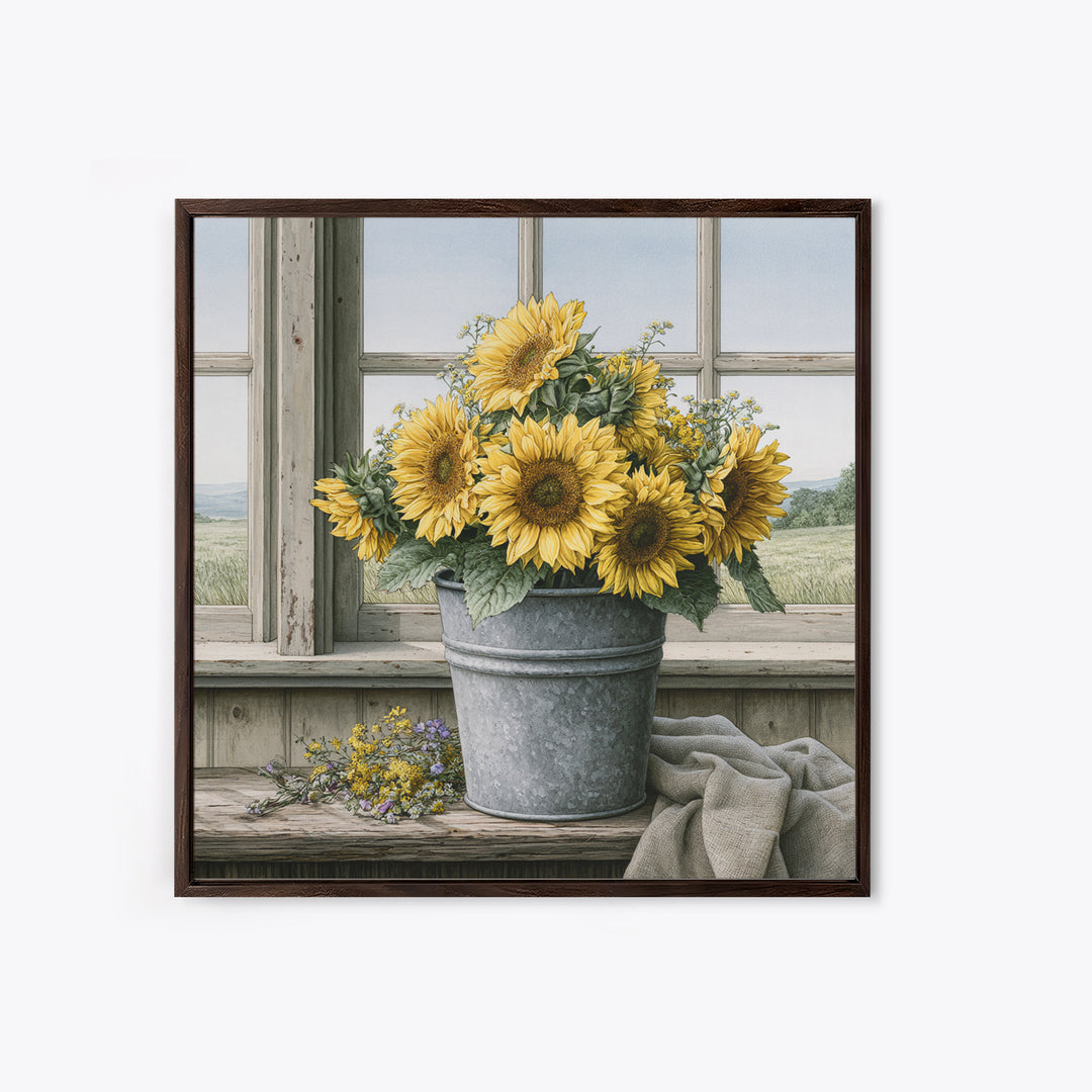 Sunflowers in a Metal Bucket Canvas Print, Rustic Art, Modern Art, Farmhouse Decor, Rustic, Neutral Decor, Modern Decor, RUS-1x1-60