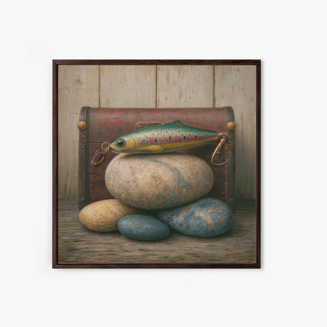 Trout Fishing Lure and River Stones Framed Canvas Print, Rustic Art, Landscape Art, Farmhouse Decor, Fine Art, Rustic, RUS-1x1-62