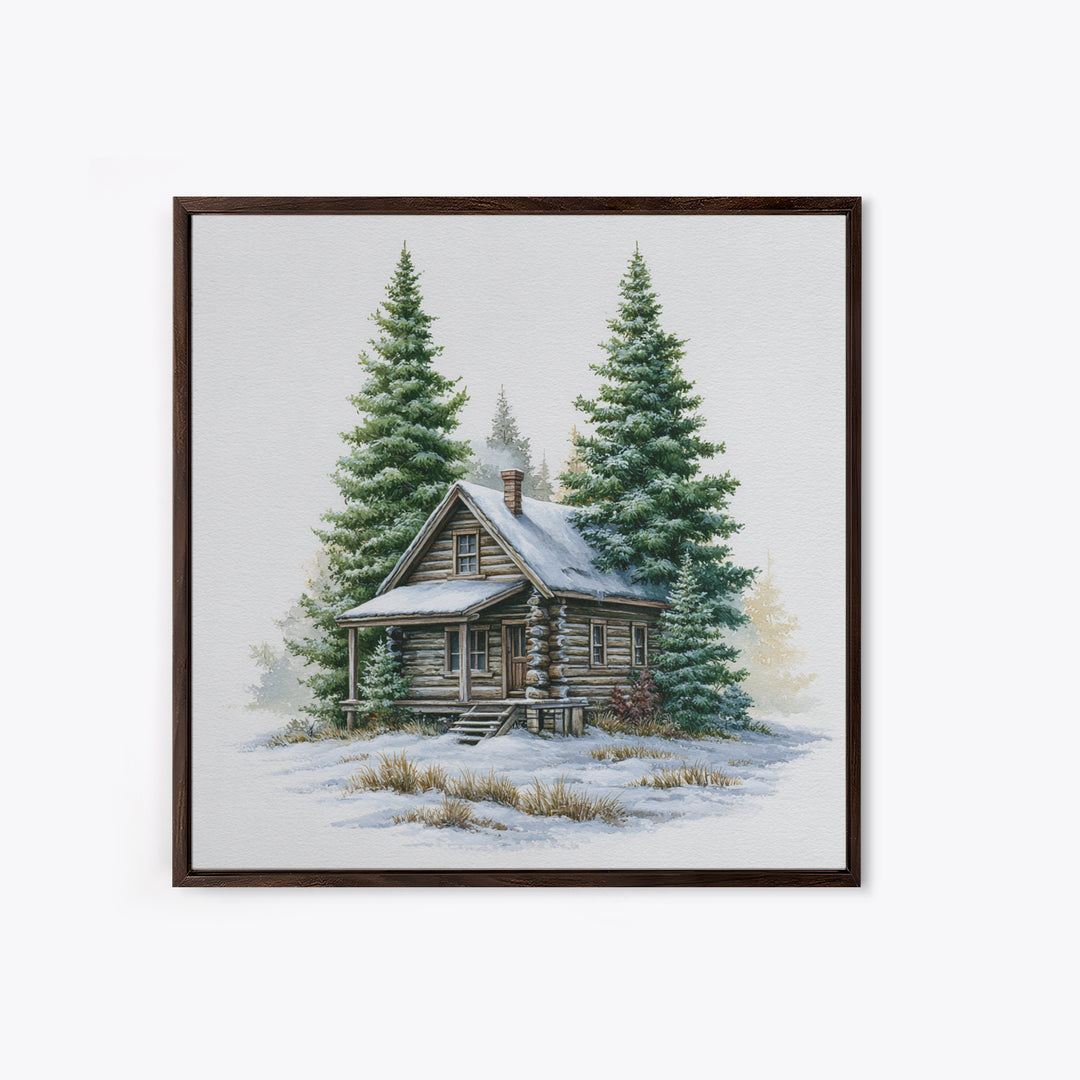 Log Cabin with Snowy Pines Framed Canvas Print, Rustic Art, Gallery Wall Set, Farmhouse Decor, Rustic, Minimalist Decor, RUS-1x1-63
