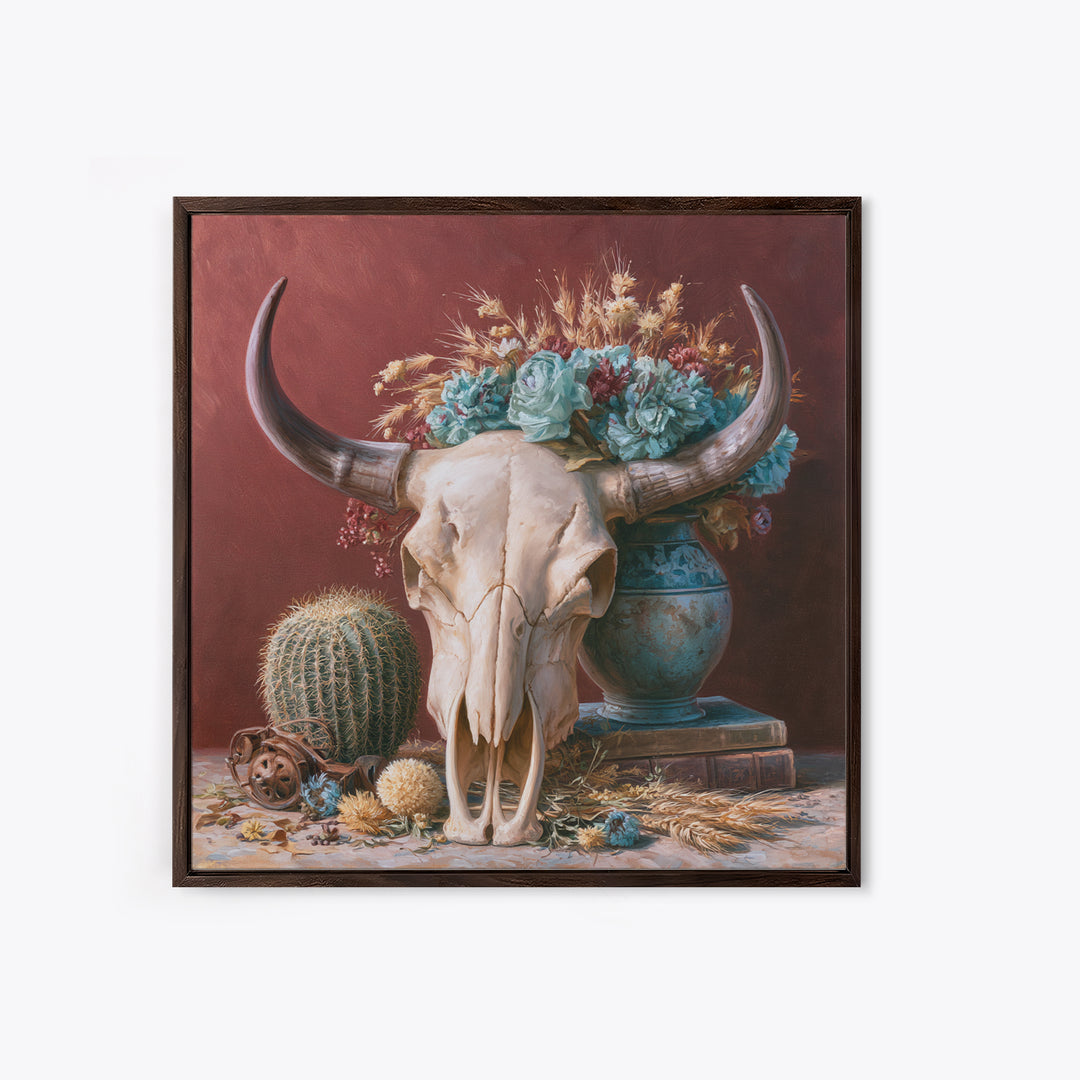 Cow Skull with Desert Flowers Framed Canvas Print, Rustic Art, Gallery Decor, Farmhouse Decor, Oil Painting, Rustic, RUS-1x1-65