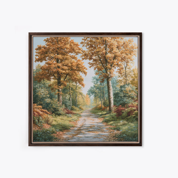 Forest Path with Golden Autumn Leaves Framed Canvas Print, Rustic Art, Eclectic Wall Art, Farmhouse Decor, Fine Art, Rustic, RUS-1x1-66