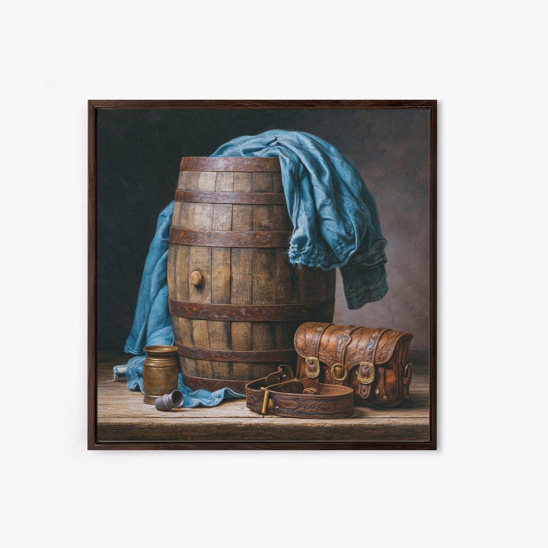 Whiskey Barrel and Leather Still Life Framed Canvas Print, Rustic Art, Gallery Decor, Farmhouse Decor, Fine Art, Rustic, RUS-1x1-67