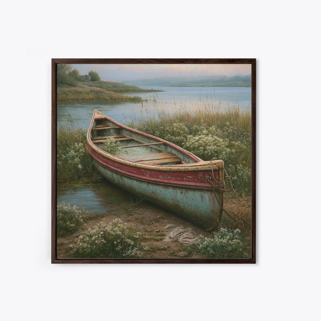 Old Canoe Pulled Onto a Lake Shore Framed Canvas Print, Rustic Art, Eclectic Wall Art, Farmhouse Decor, Oil Painting, Rustic, RUS-1x1-68