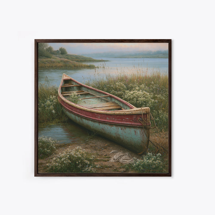 Old Canoe Pulled Onto a Lake Shore Framed Canvas Print, Rustic Art, Eclectic Wall Art, Farmhouse Decor, Oil Painting, Rustic, RUS-1x1-68