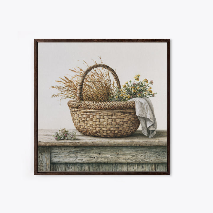 Handwoven Basket with Dried Grasses Framed Canvas Print, Rustic Art, Gallery Wall Art, Farmhouse Decor, Abstract Art, Rustic, RUS-1x1-72
