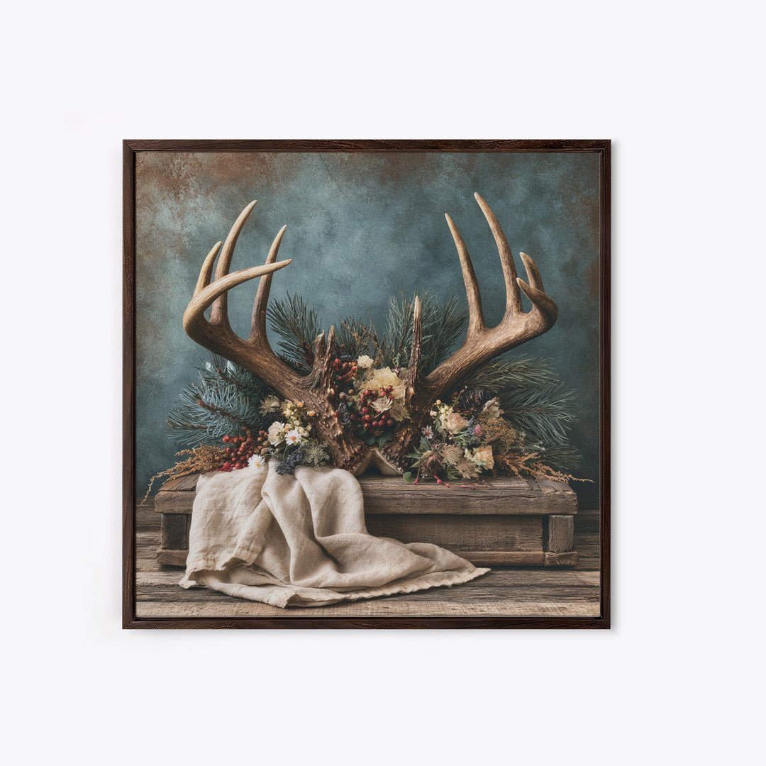 Deer Antlers with Pine Branches and Berries Framed Canvas Print, Rustic Art, Gallery Wall Set, Farmhouse Decor, Watercolor Art, RUS-1x1-74