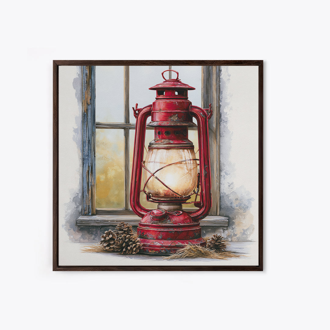 Rustic Lantern Glowing Beside Pinecones Canvas Print, Rustic Art, Portrait Painting, Farmhouse Decor, Fine Art, Rustic, RUS-1x1-76