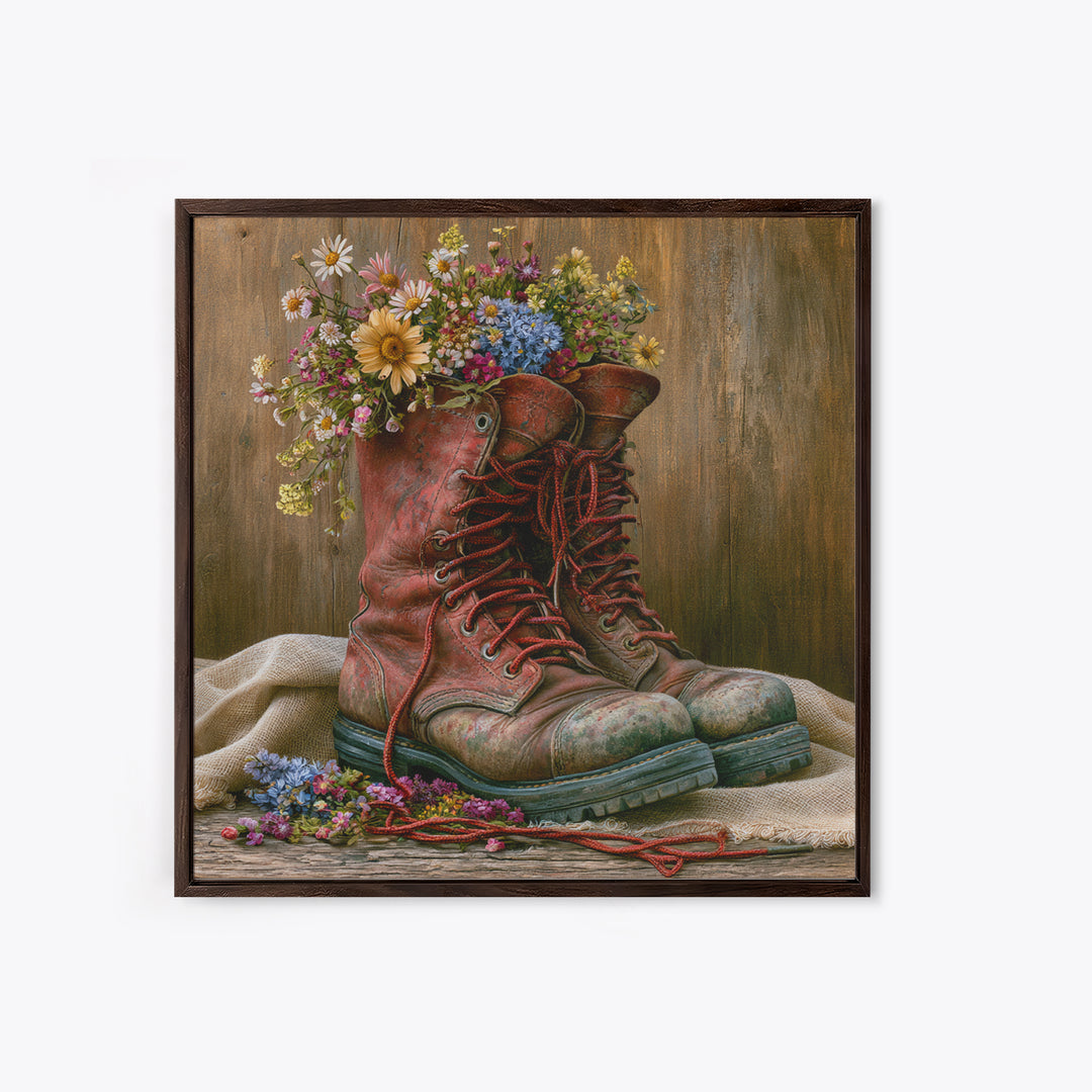 Old Boots Filled Framed Canvas Print, Rustic Art, Gallery Decor, Farmhouse Decor, Fine Art, Rustic, Contemporary Art, RUS-1x1-78