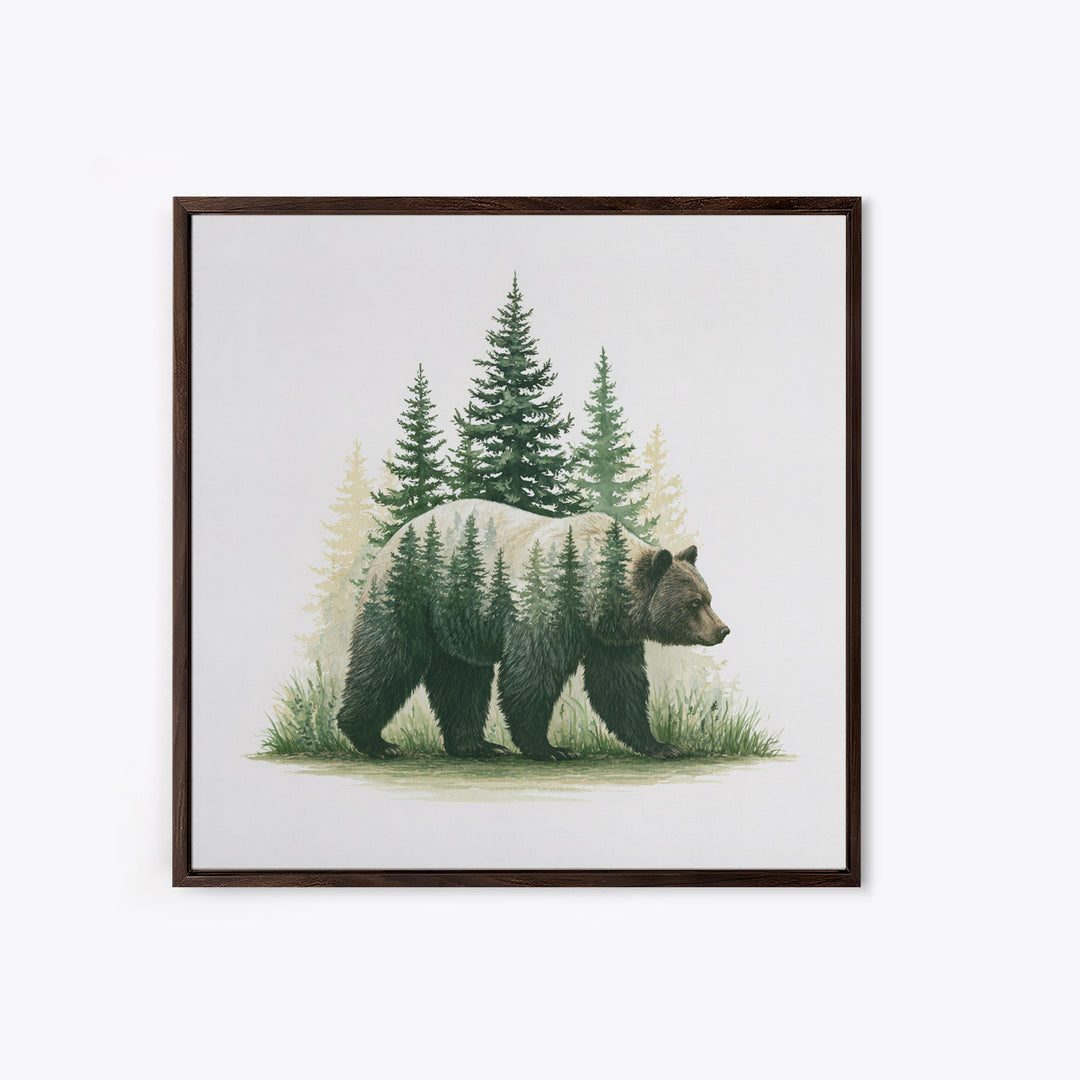Bear Silhouette Among Pine Trees Framed Canvas Print, Rustic Art, Modern Decor, Farmhouse Decor, Oil Painting, Rustic, RUS-1x1-79