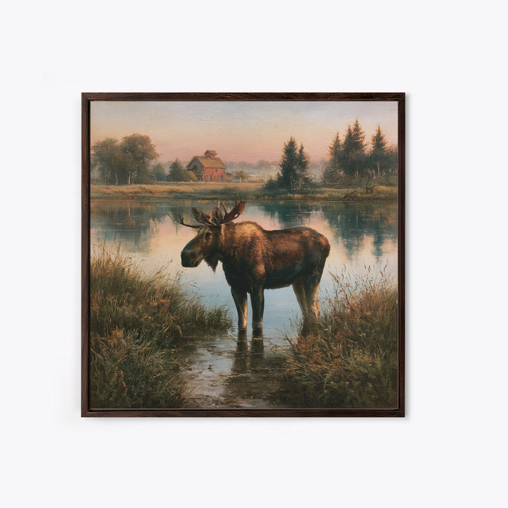 Moose Standing by a Quiet Lake Canvas Print, Rustic Art, Textured Painting, Farmhouse Decor, Oil Painting, Rustic, RUS-1x1-81