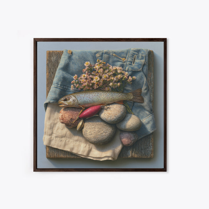 Trout Fishing Lure and River Stones Canvas Print, Rustic Art, Neutral Decor, Farmhouse Decor, Fine Art, Rustic, Home Decor, RUS-1x1-86